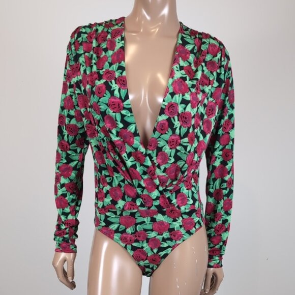 Zara Floral Vneck Bodysuit Top Long Sleeve Plunging Wrap Rose Print Size Medium - Picture 4 of 12